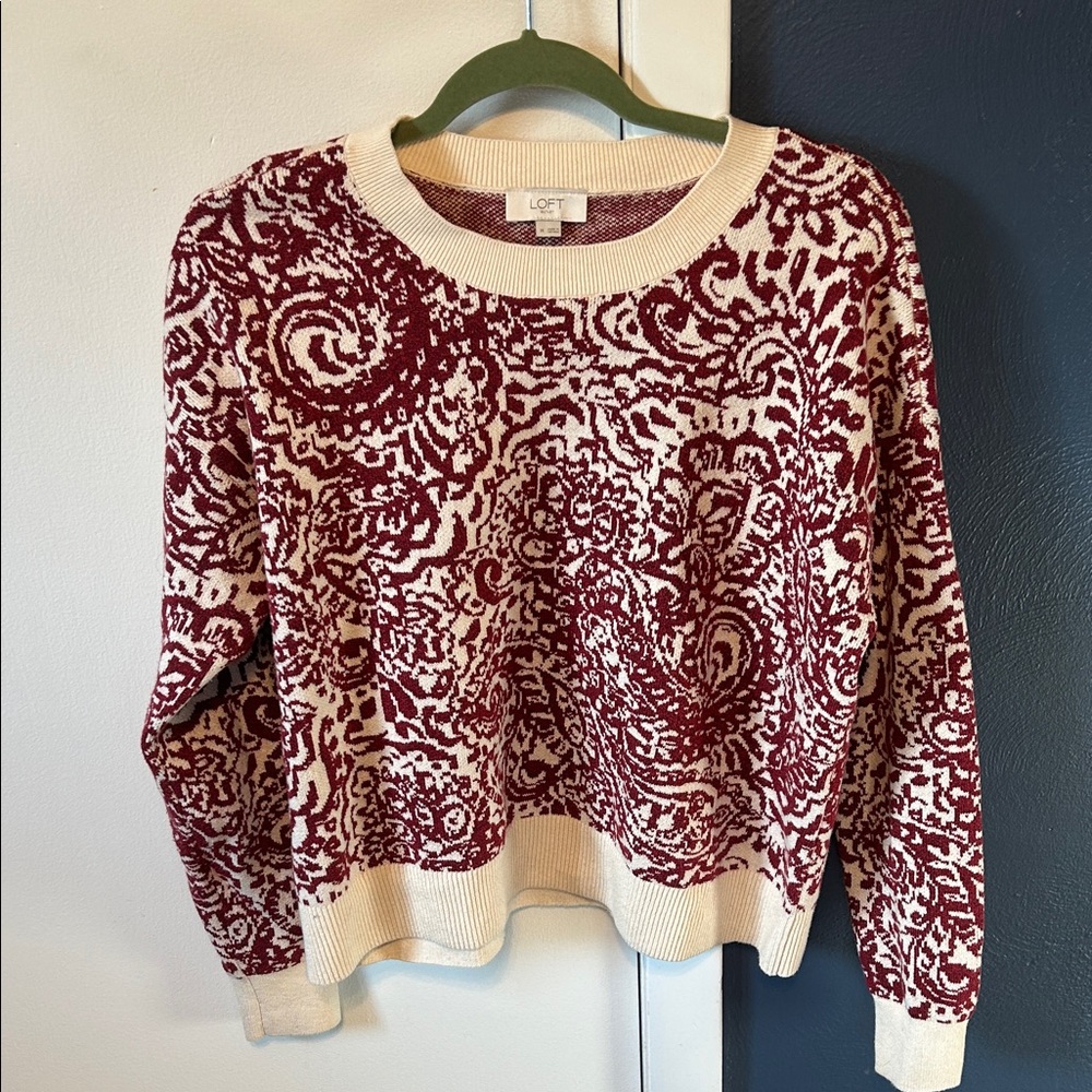 LOFT Red and Cream Patterned Crew Neck Sweater